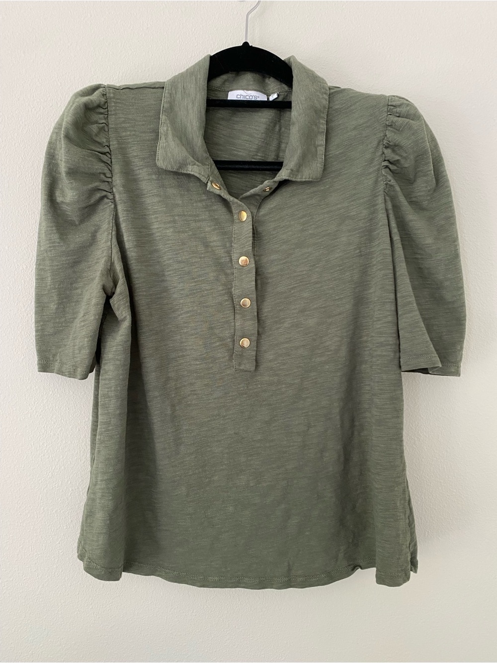 Chico's Olive Green Puff Sleeve Polo Top Size 2